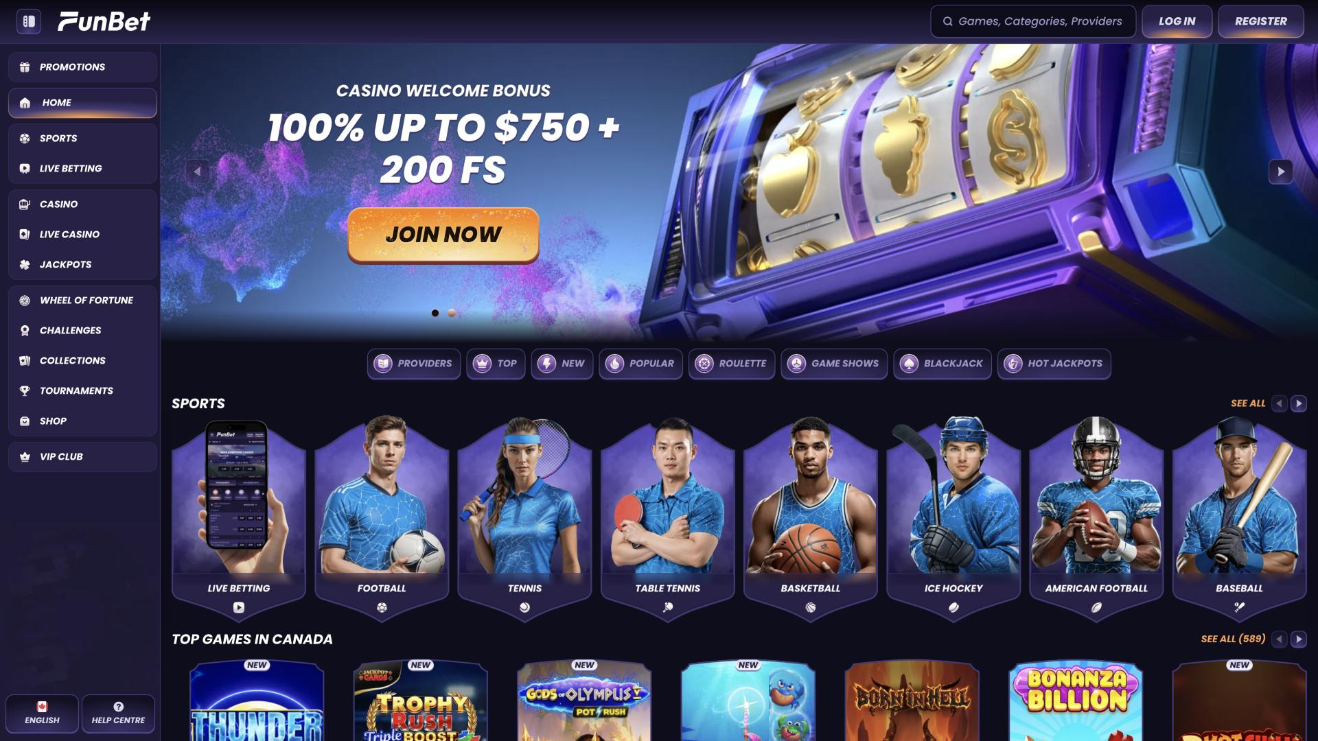 Screenshot of the FunBet website